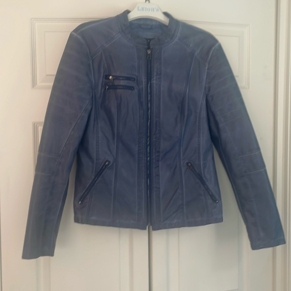 Tribal Faux Blue Leather Racer Jacket